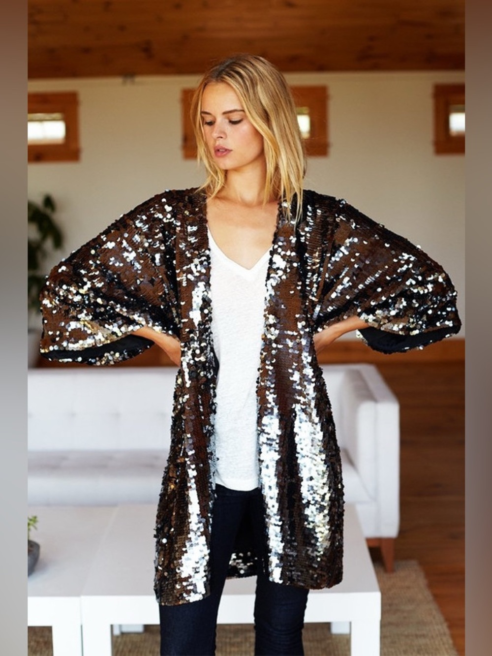 NWT Emerson Fry Gunmetal Sequin Jacket Kimono - Size XS/S